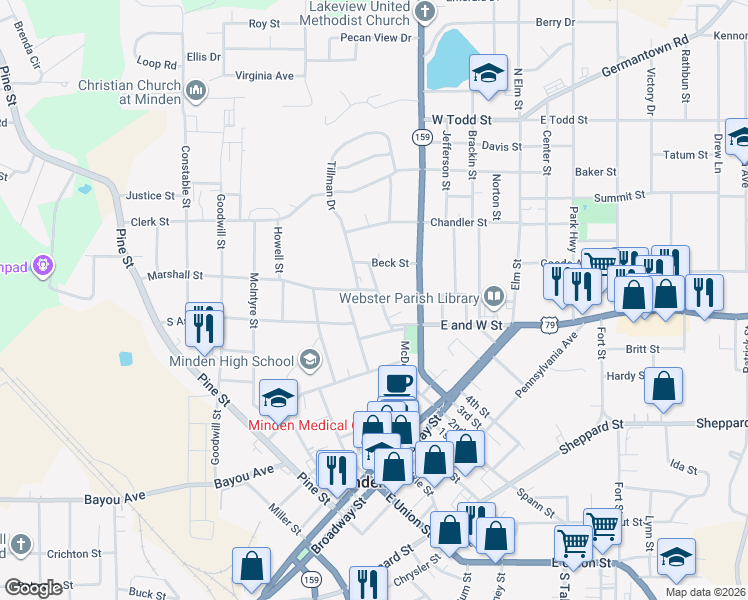 map of restaurants, bars, coffee shops, grocery stores, and more near 515 Fort Avenue in Minden
