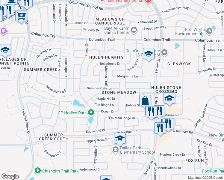 map of restaurants, bars, coffee shops, grocery stores, and more near 4625 Summer Oaks Lane in Fort Worth