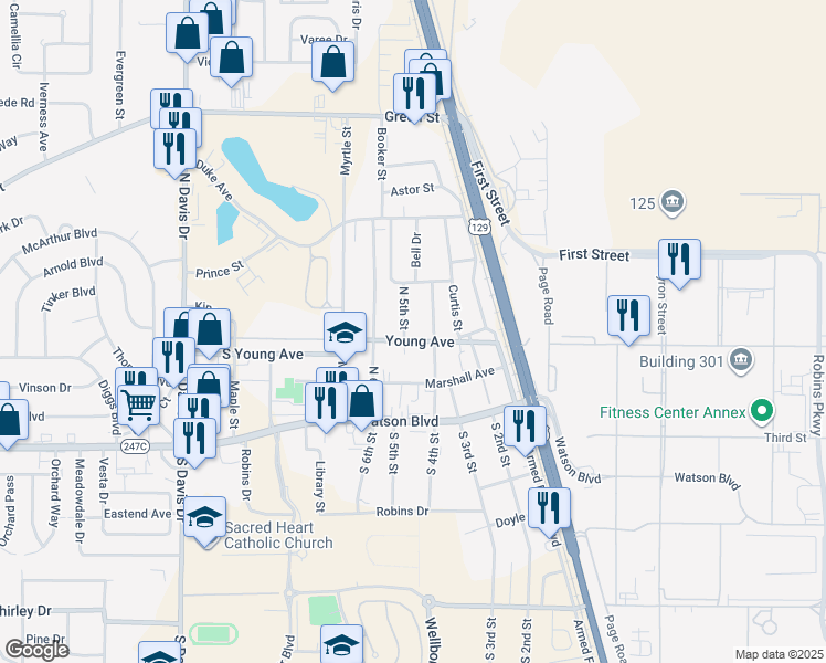 map of restaurants, bars, coffee shops, grocery stores, and more near 304 North 5th Street in Warner Robins