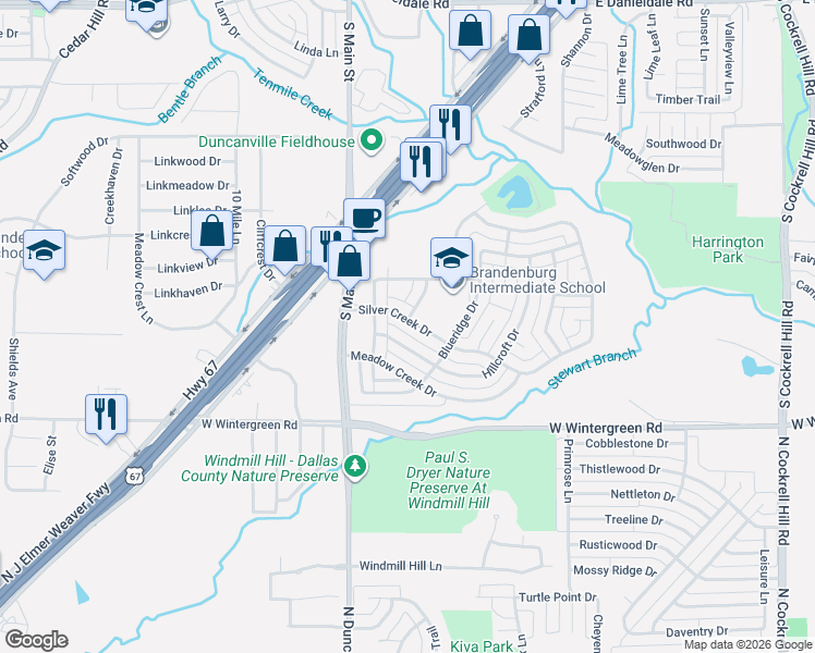 map of restaurants, bars, coffee shops, grocery stores, and more near 218 Silver Creek Drive in Duncanville