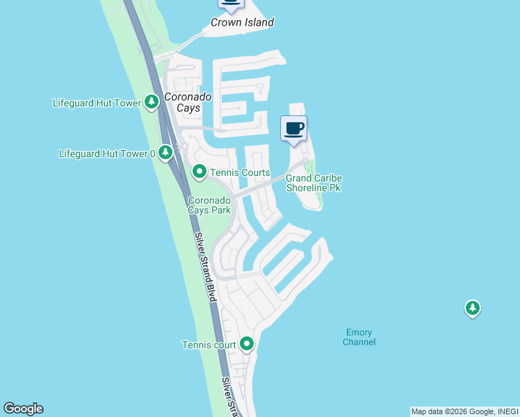 map of restaurants, bars, coffee shops, grocery stores, and more near 82 Kingston Court West in Coronado