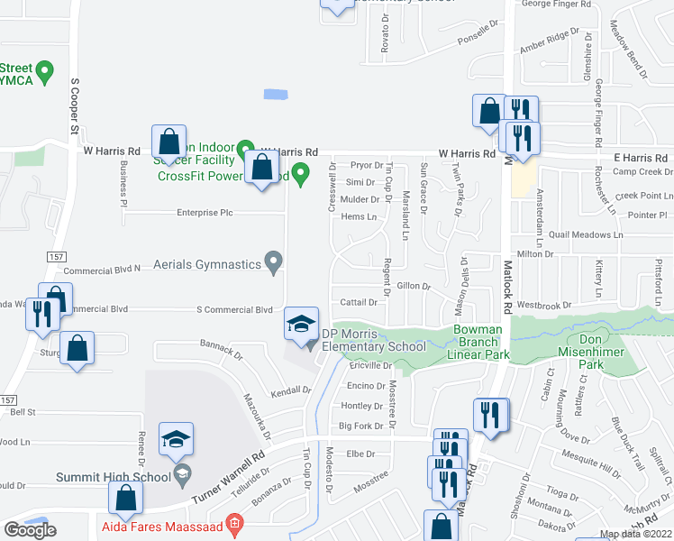 map of restaurants, bars, coffee shops, grocery stores, and more near 7607 Tin Cup Drive in Arlington