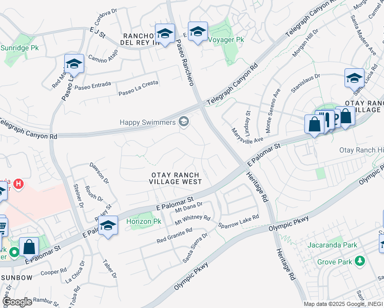 map of restaurants, bars, coffee shops, grocery stores, and more near 1129 Misty Creek Street in Chula Vista