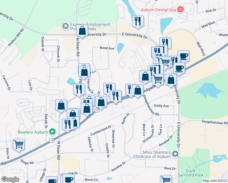 map of restaurants, bars, coffee shops, grocery stores, and more near 1134 District Court in Auburn