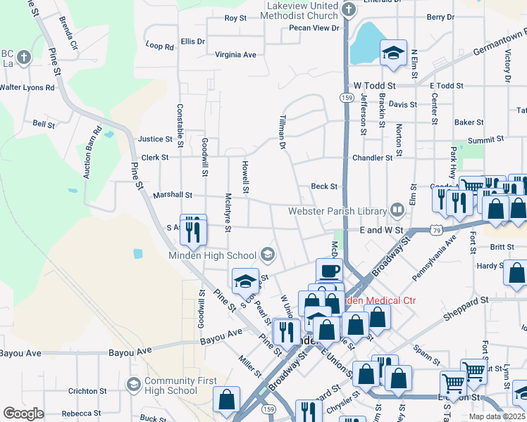 map of restaurants, bars, coffee shops, grocery stores, and more near 508 Lanning Street in Minden