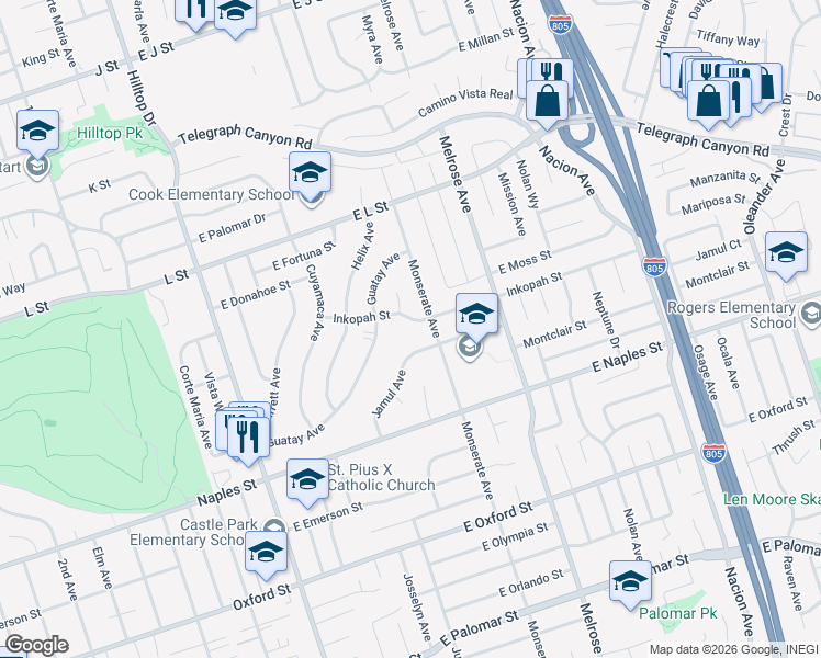 map of restaurants, bars, coffee shops, grocery stores, and more near 172 Inkopah Street in Chula Vista