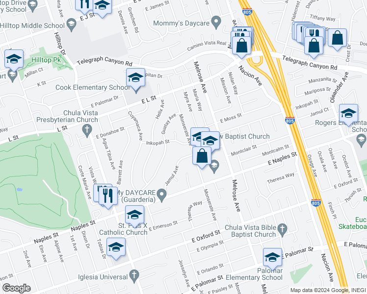 map of restaurants, bars, coffee shops, grocery stores, and more near 180 Inkopah Street in Chula Vista