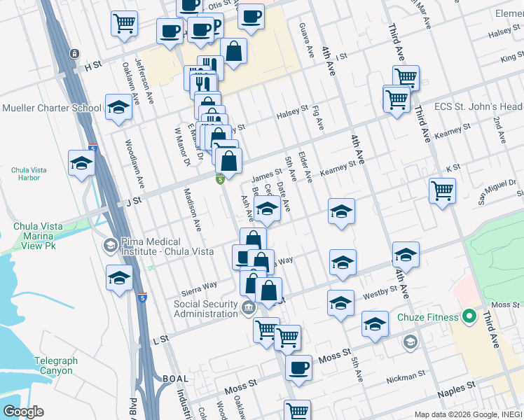map of restaurants, bars, coffee shops, grocery stores, and more near 773 Beech Avenue in Chula Vista