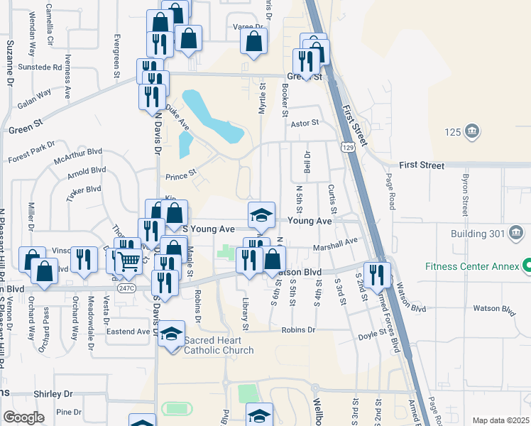 map of restaurants, bars, coffee shops, grocery stores, and more near 302 Myrtle Street in Warner Robins