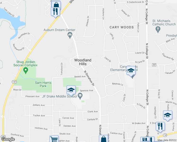 map of restaurants, bars, coffee shops, grocery stores, and more near 830 North Donahue Drive in Auburn