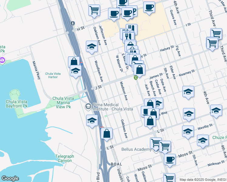 map of restaurants, bars, coffee shops, grocery stores, and more near 725 Oaklawn Avenue in Chula Vista