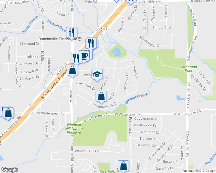 map of restaurants, bars, coffee shops, grocery stores, and more near 1915 Silver Creek Place in Duncanville