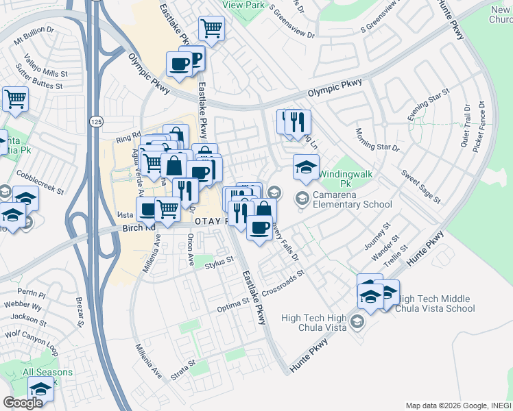 map of restaurants, bars, coffee shops, grocery stores, and more near 2182 Diamondback Court in Chula Vista