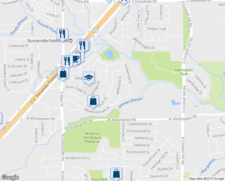 map of restaurants, bars, coffee shops, grocery stores, and more near 1910 Hillcroft Drive in Duncanville