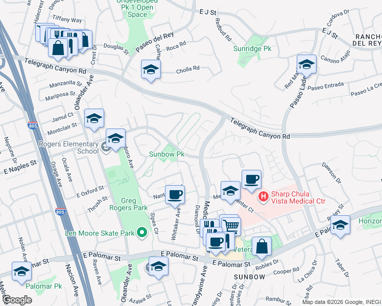 map of restaurants, bars, coffee shops, grocery stores, and more near 664 Rainbow Drive in Chula Vista