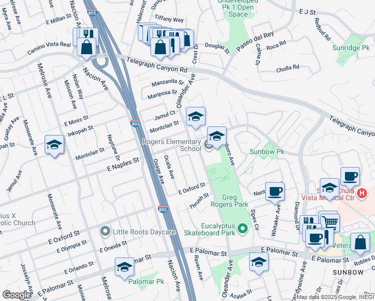 map of restaurants, bars, coffee shops, grocery stores, and more near 491 Nanette Street in Chula Vista