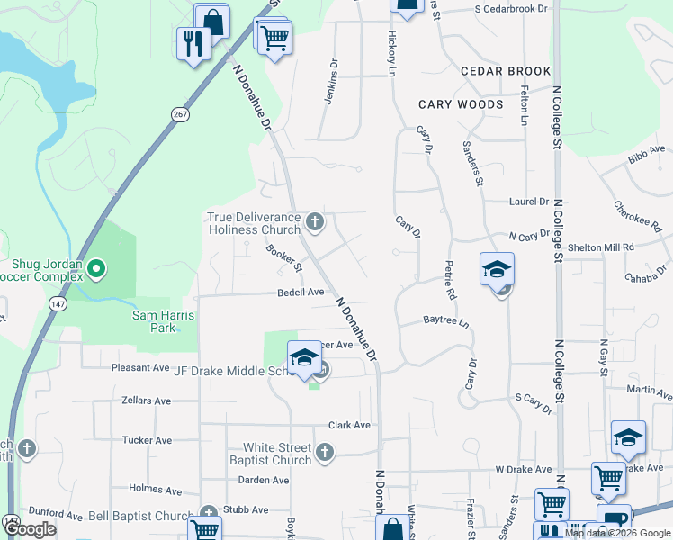 map of restaurants, bars, coffee shops, grocery stores, and more near 830 North Donahue Drive in Auburn