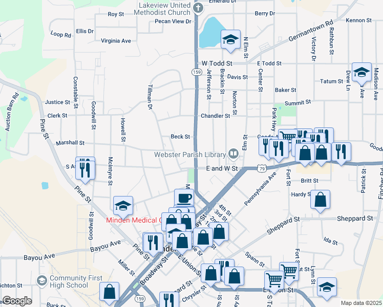 map of restaurants, bars, coffee shops, grocery stores, and more near 615 Lewisville Road in Minden