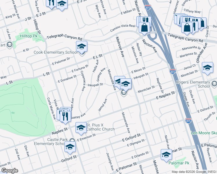 map of restaurants, bars, coffee shops, grocery stores, and more near 172 Inkopah Street in Chula Vista
