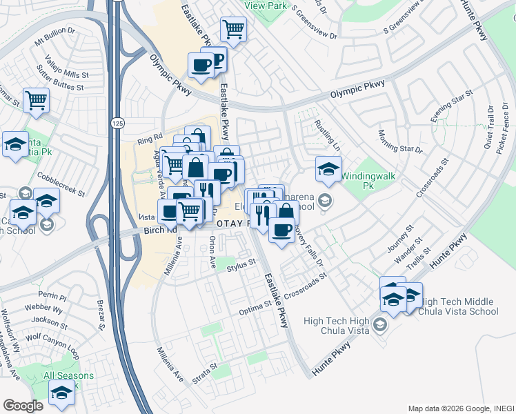 map of restaurants, bars, coffee shops, grocery stores, and more near in Chula Vista