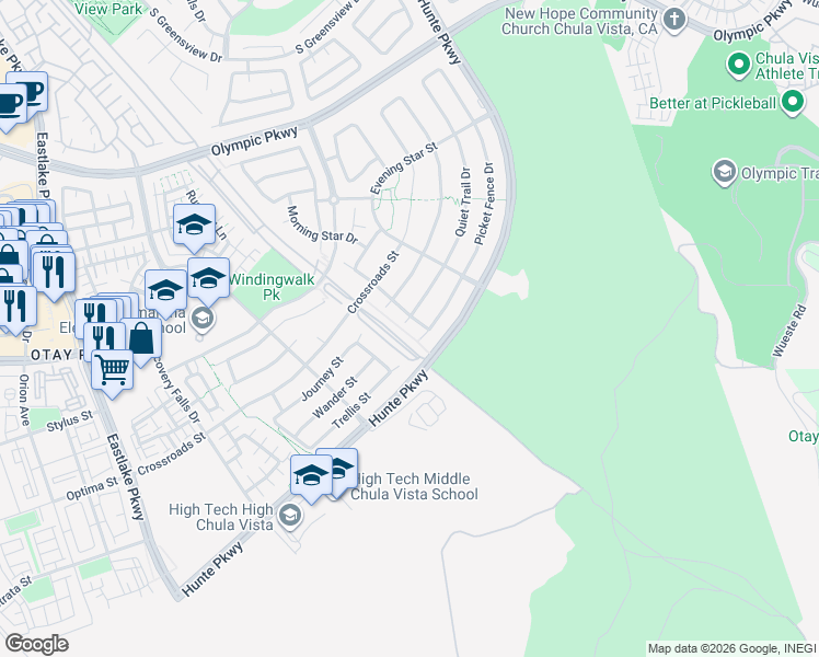 map of restaurants, bars, coffee shops, grocery stores, and more near 1775 Quiet Trail Drive in Chula Vista