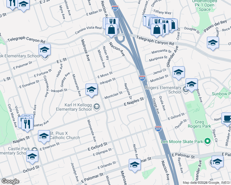 map of restaurants, bars, coffee shops, grocery stores, and more near 330 Montclair Street in Chula Vista