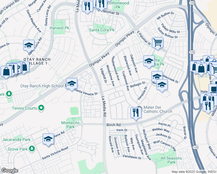 map of restaurants, bars, coffee shops, grocery stores, and more near 1660 Woodwind Street in Chula Vista