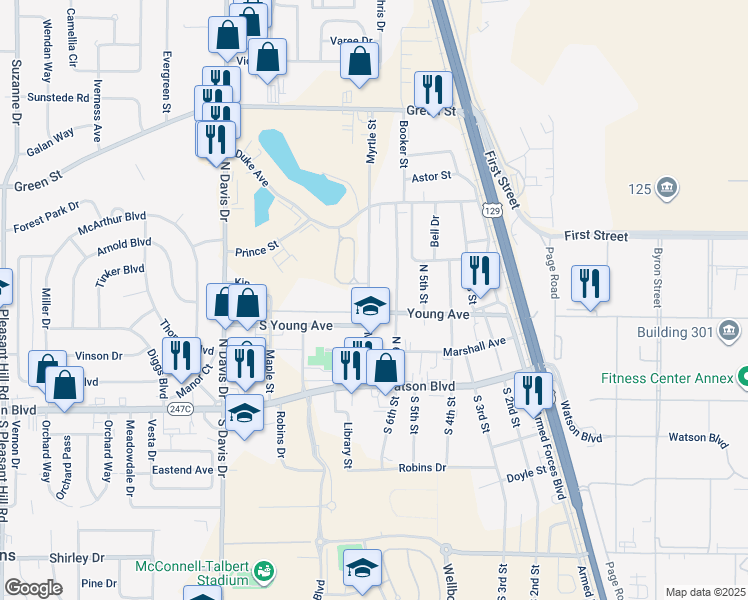 map of restaurants, bars, coffee shops, grocery stores, and more near 302 Myrtle Street in Warner Robins