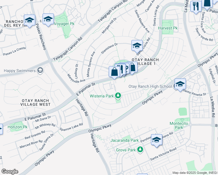 map of restaurants, bars, coffee shops, grocery stores, and more near 1329 Fieldbrook Street in Chula Vista