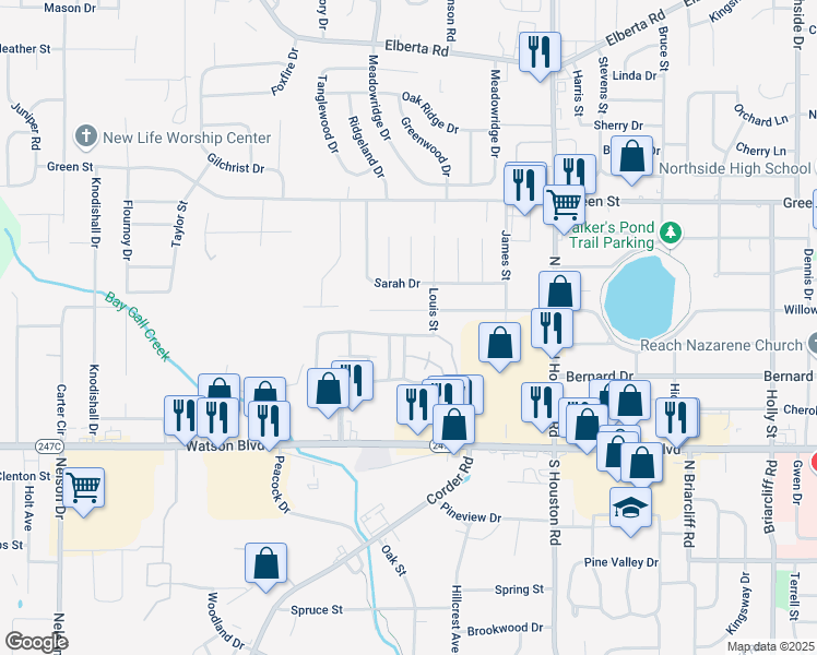 map of restaurants, bars, coffee shops, grocery stores, and more near 148 Woodcrest Circle in Warner Robins