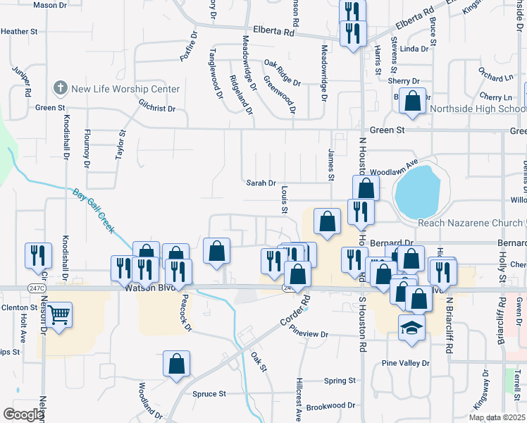 map of restaurants, bars, coffee shops, grocery stores, and more near 148 Woodcrest Circle in Warner Robins