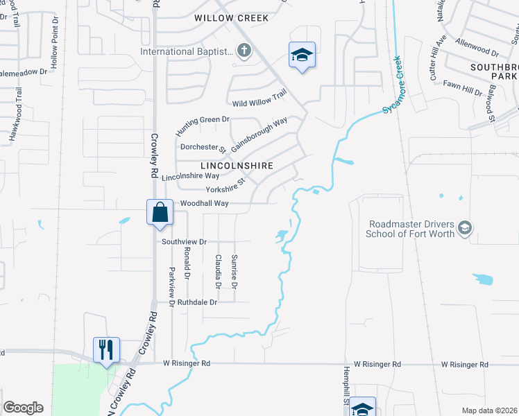 map of restaurants, bars, coffee shops, grocery stores, and more near 1529 Woodhall Way in Fort Worth