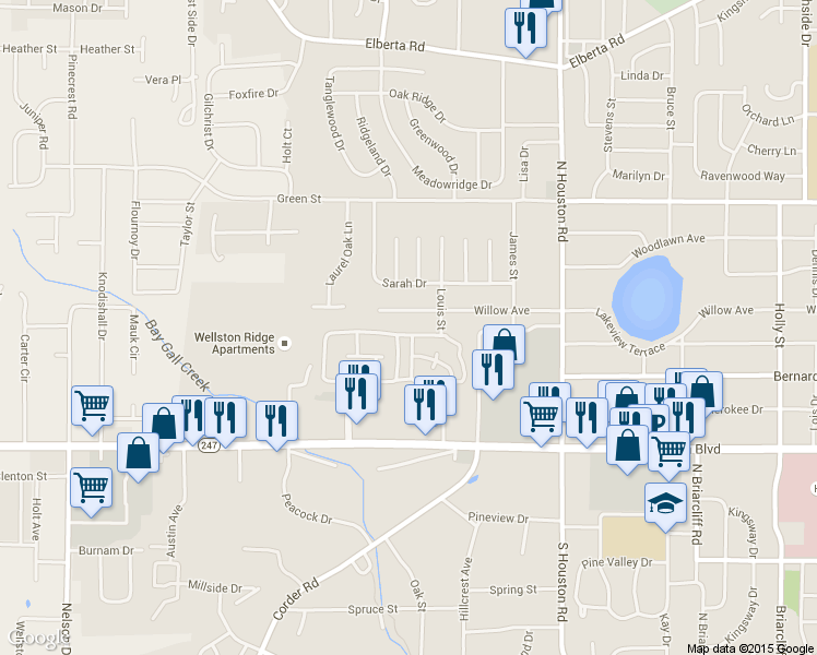 map of restaurants, bars, coffee shops, grocery stores, and more near 427 Westcliff Circle in Warner Robins