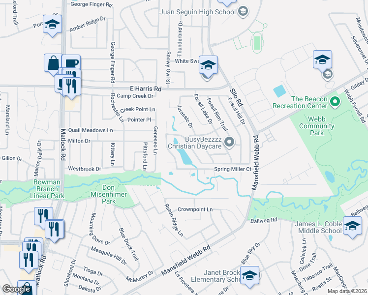 map of restaurants, bars, coffee shops, grocery stores, and more near 7409 Fossil Creek Drive in Arlington