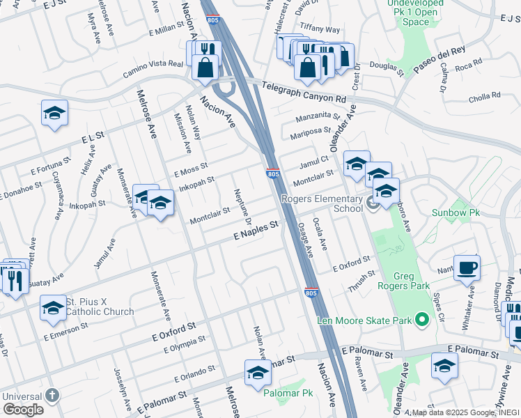 map of restaurants, bars, coffee shops, grocery stores, and more near 390 Montcalm Street in Chula Vista