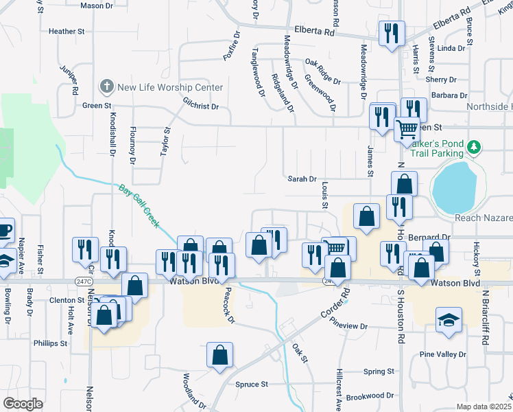 map of restaurants, bars, coffee shops, grocery stores, and more near 405 Westcliff Circle in Warner Robins