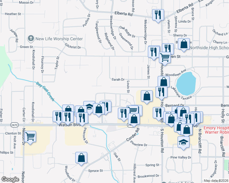 map of restaurants, bars, coffee shops, grocery stores, and more near 427 Westcliff Cir in Warner Robins