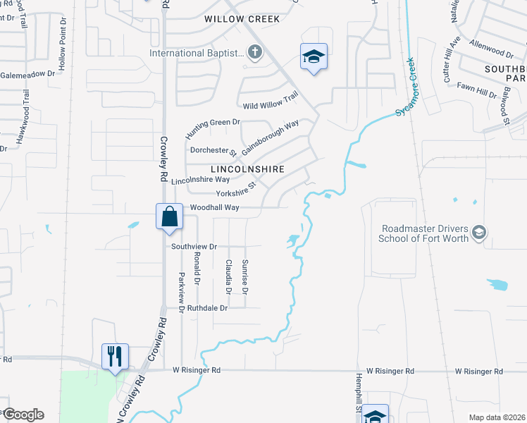 map of restaurants, bars, coffee shops, grocery stores, and more near 1529 Woodhall Way in Fort Worth
