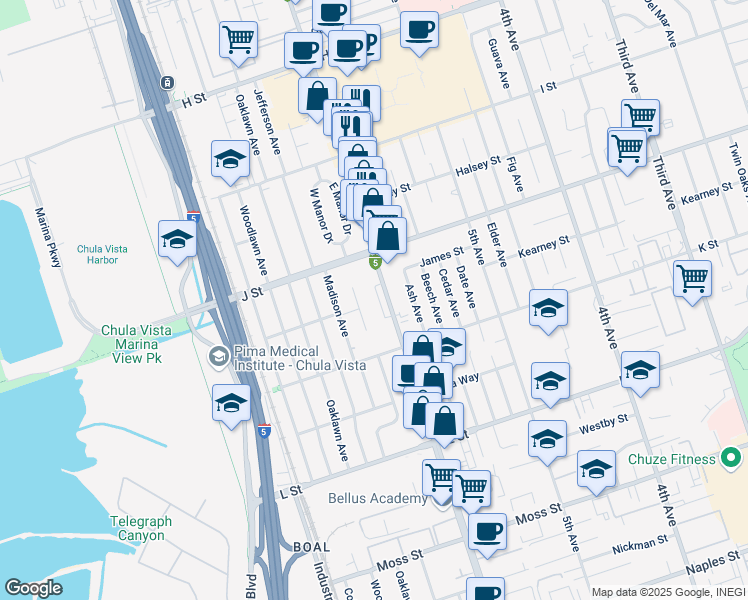 map of restaurants, bars, coffee shops, grocery stores, and more near 749 Riverlawn Avenue in Chula Vista
