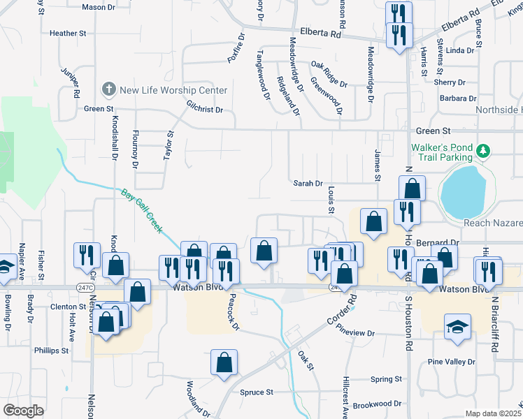 map of restaurants, bars, coffee shops, grocery stores, and more near 405 Westcliff Circle in Warner Robins