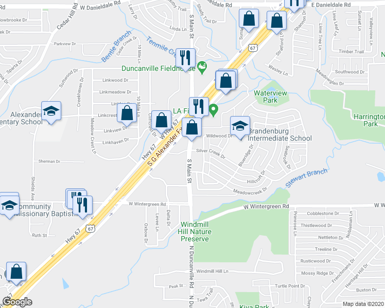 map of restaurants, bars, coffee shops, grocery stores, and more near 250 West Highway 67 in Duncanville