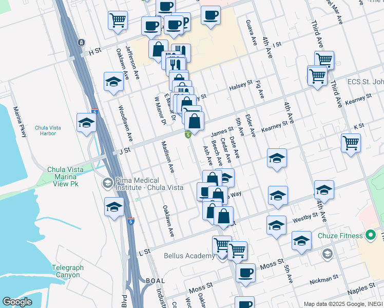 map of restaurants, bars, coffee shops, grocery stores, and more near 749 Riverlawn Avenue in Chula Vista