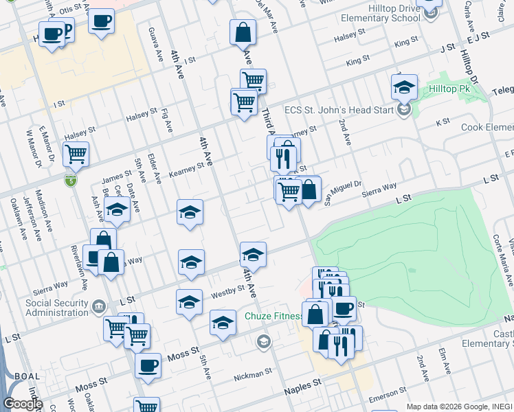 map of restaurants, bars, coffee shops, grocery stores, and more near 357 San Miguel Drive in Chula Vista