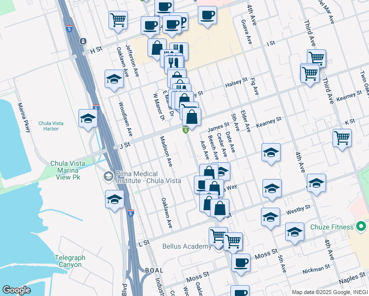 map of restaurants, bars, coffee shops, grocery stores, and more near 746 Broadway in Chula Vista