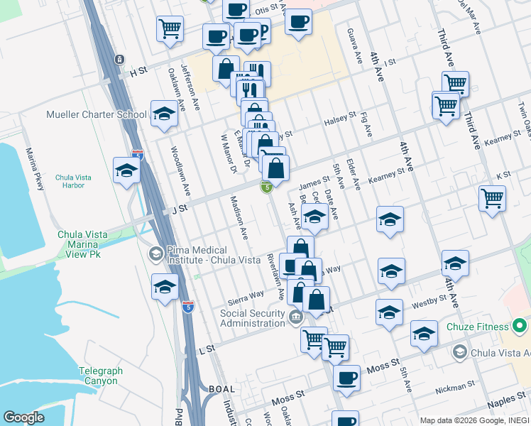 map of restaurants, bars, coffee shops, grocery stores, and more near 749 Riverlawn Avenue in Chula Vista