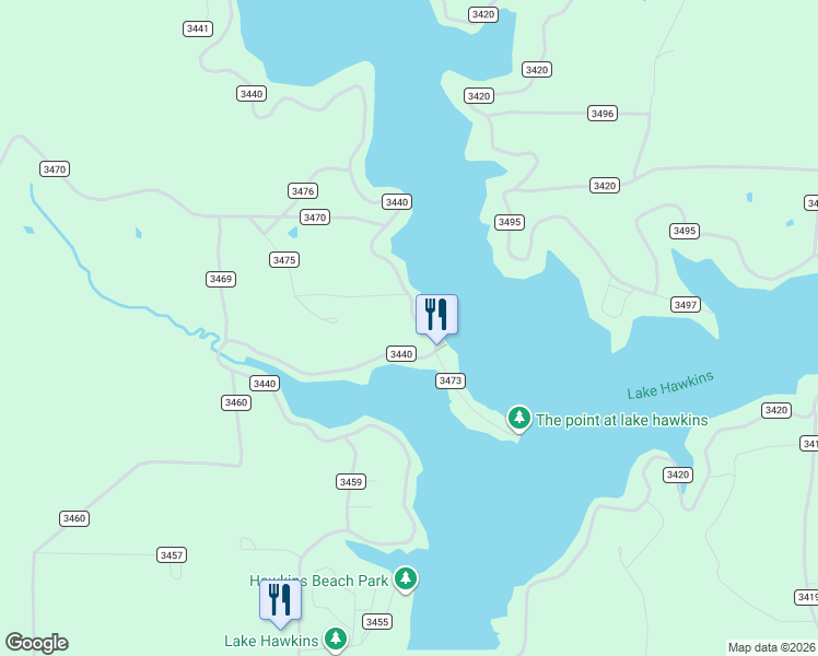 map of restaurants, bars, coffee shops, grocery stores, and more near 2500 County Road 3440 in Hawkins