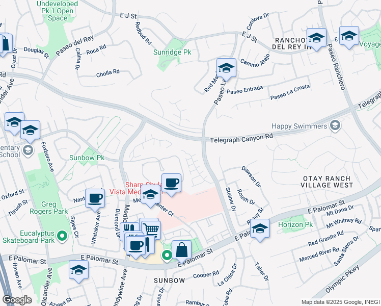 map of restaurants, bars, coffee shops, grocery stores, and more near 1237 Mandeville Drive in Chula Vista