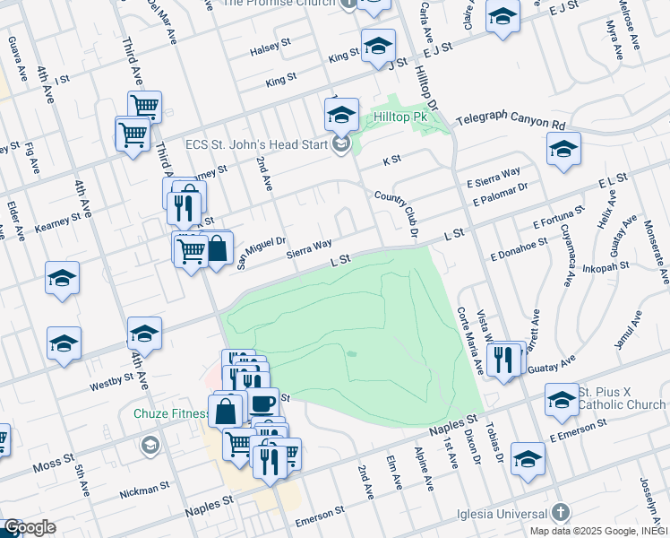 map of restaurants, bars, coffee shops, grocery stores, and more near 158 L Street in Chula Vista