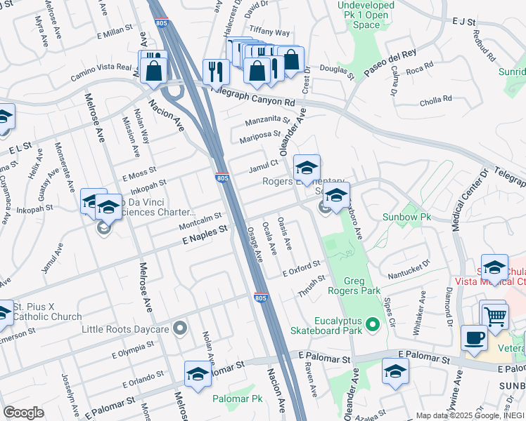 map of restaurants, bars, coffee shops, grocery stores, and more near 445 East Naples Street in Chula Vista
