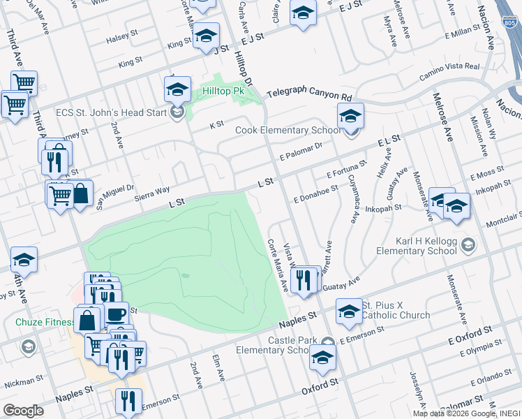 map of restaurants, bars, coffee shops, grocery stores, and more near 27 Angela Lane in Chula Vista